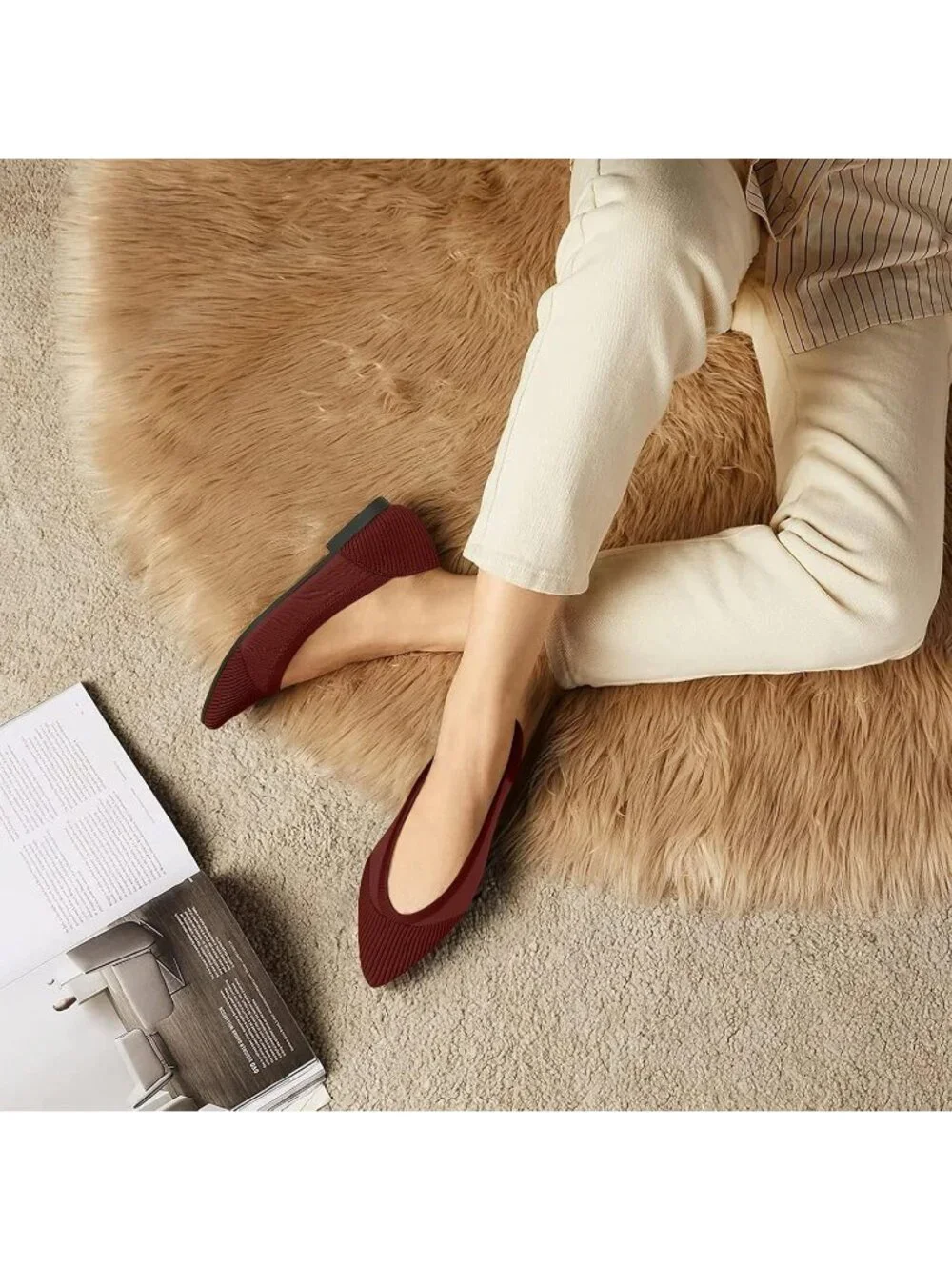 Women's Red Flats Shoes Pointed Toe Knit Ballet Comfortable Dressy Mesh Flat